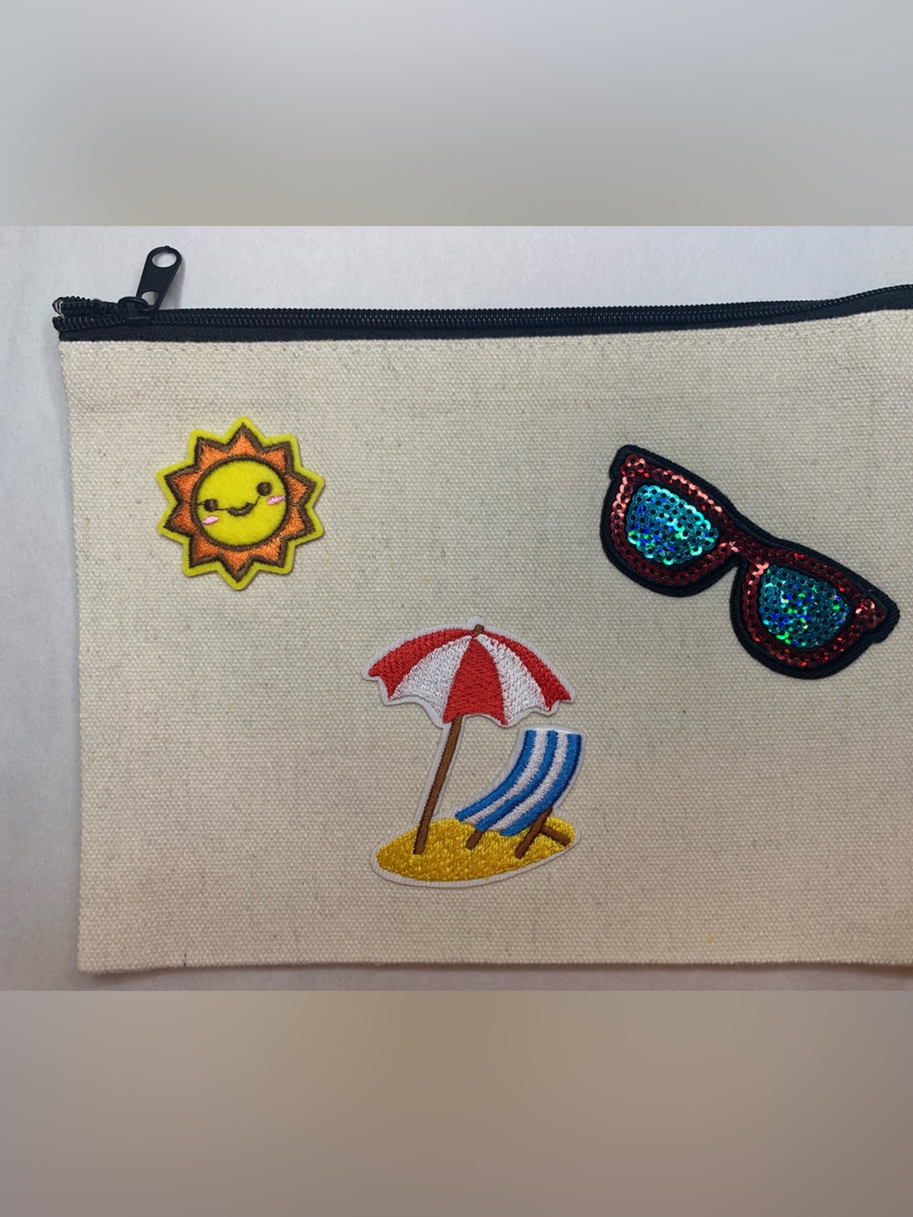 Canvas Zip Pouch with Sequin Sunglasses and Summer Patches